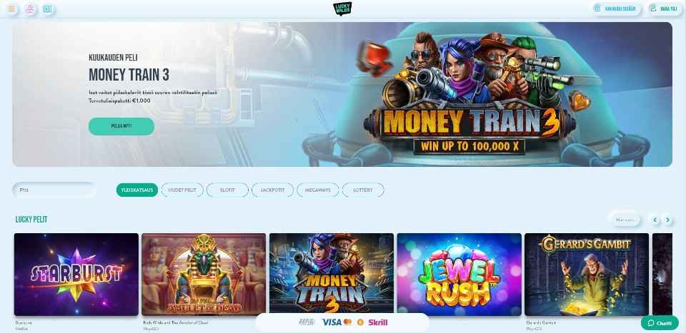 Kuvankaappaus Lucky Wilds Casinon etusivusta, näkyvissä Money Train 3 -pelin banneri ja 5 Lucky pelit -osaston peliä