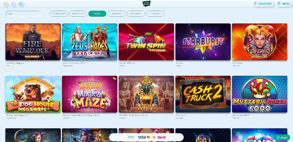 Kuvankaappaus Lucky Wilds Casinon peliaulasta, näkyvissä pelivalikot ja 10 peliautomaatin kuvakkeet