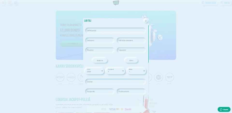Kuvankaappaus Lucky Wilds Casinolle rekisteröitymisestä, näkyvissä tilin luomiseen käytettävä lomake