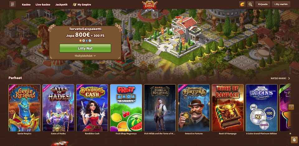 Kuvankaappaus MyEmpire Casinon etusivusta, näkyvissä valtakunta, tervetuliaispaketti ja 8:n peliautomaatin kuvakkeet