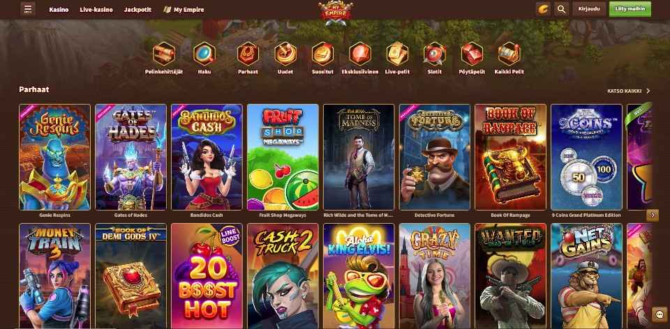Kuvankaappaus MyEmpire Casinon peliaulasta, näkyvissä pelivalikot ja 16:n peliautomaatin kuvakkeet
