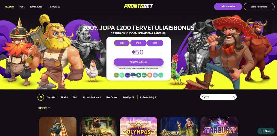 Kuvankaappaus ProntoBet Casinon etusivusta, näkyvissä tervetuliaisbonus ja ympärillä peliautomaattien hahmoja, Pay N Play -pikatalletusikkuna ja peliautomaattien kuvakkeita
