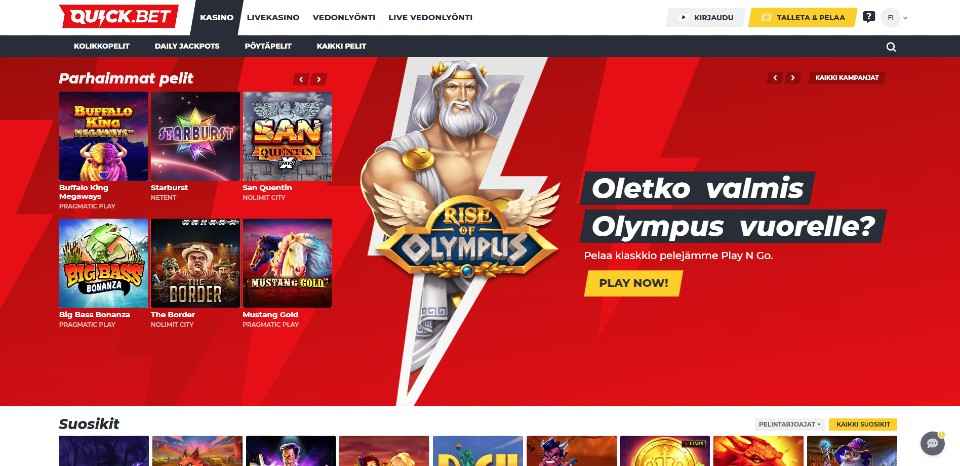 Kuvankaappaus Quick.Bet Casinon etusivusta, näkyvissä valikot, Rise of Olympus -pelin banneri ja 6:n peliautomaatin kuvakkeet punaisella taustalla