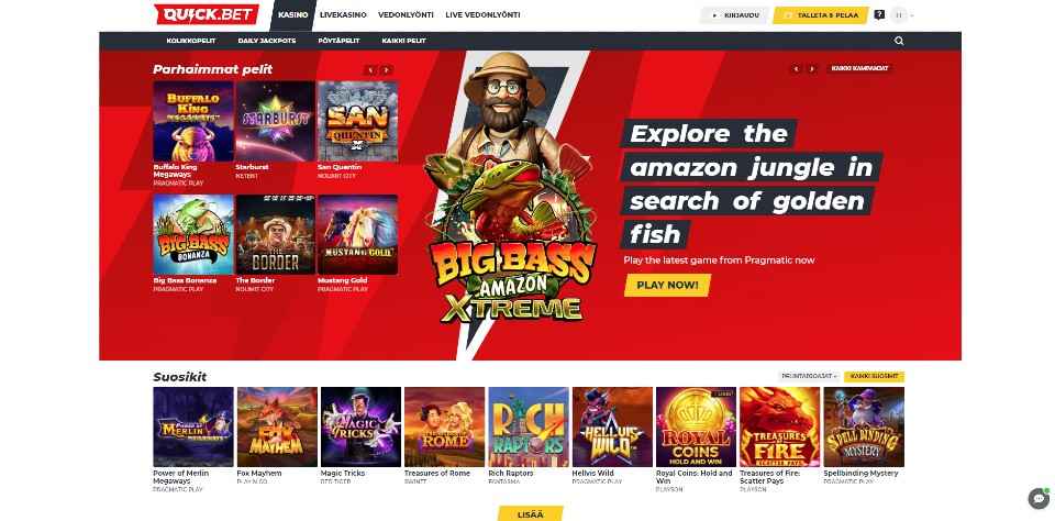 Kuvankaappaus Quick.Bet Casinon peliaulasta, näkyvissä Big Bass Amazon Xtreme -pelin banneri punaisella taustalla sekä 15 peliautomaatin kuvakkeet