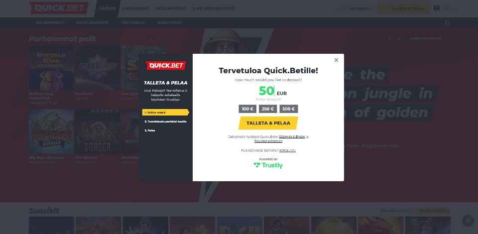 Kuvankaappaus Quick.Bet Casinon Pay N Play -talletusikkunasta, näkyvissä 50 € talletus ja Trustlyn logo