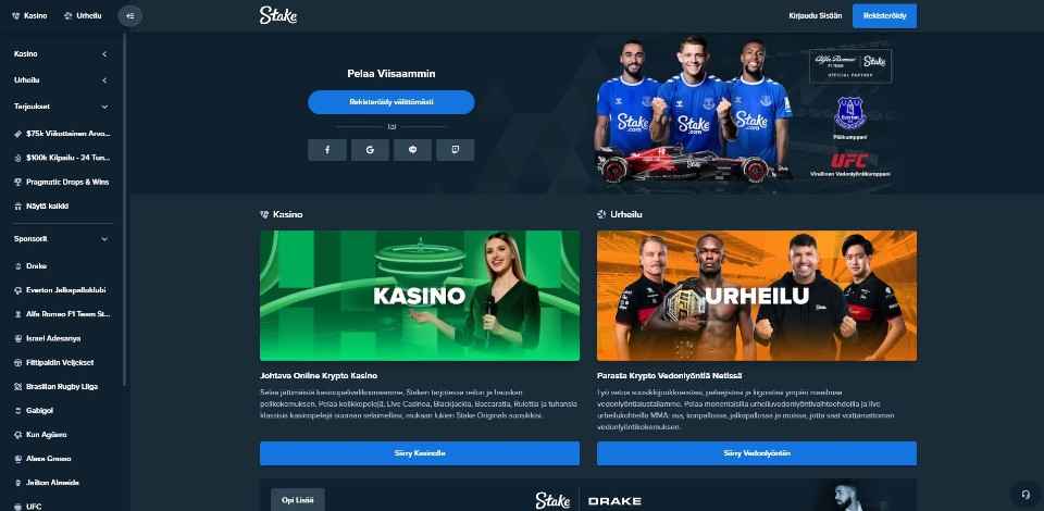 Kuvankaappaus Stake Casinon etusivusta, näkyvissä kolme urheilijaan Stake-logolla varustetuissa pelipaidoissa, valikot sekä kasinon ja vedonlyönnin kuvaukset