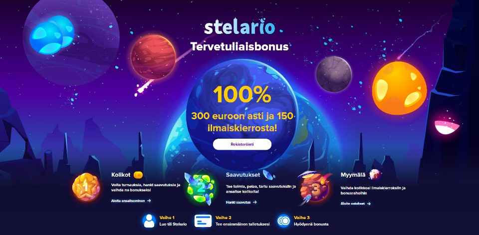 Kuvankaappaus Stelario Casinon etusivusta, näkyvissä tervetuliaisbonus ja valikot sekä violetilla taustalla eri planeettoja