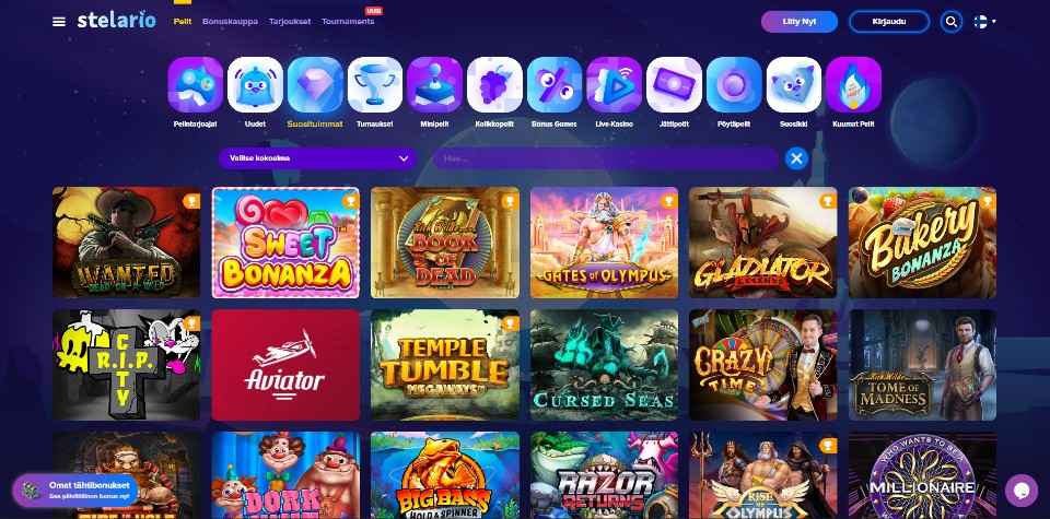 Kuvankaappaus Stelario Casinon peleistä, näkyvissä valikot ja 18:n peliautomaatin kuvakkeet