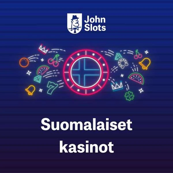 JohnSlots-logo, neonvärisiä peliautomaattien symboleita, suomenlippu pelimerkissä ja teksti 