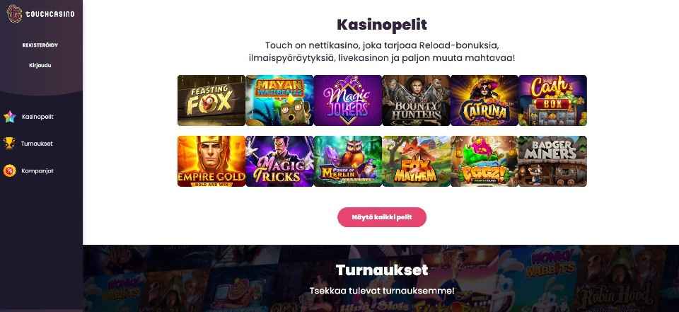 Kuvankaappaus Touch Casinon etusivusta, näkyvissä valikot ja Kasinopelit-banneri, jossa 12 peliautomaatin kuvakkeet