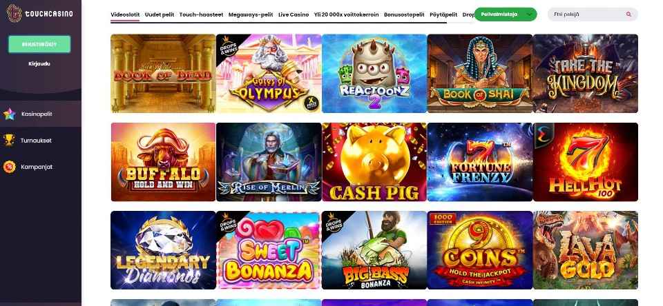 Kuvankaappaus Touch Casinon peliaulasta, näkyvissä valikot ja 15 peliautomaatin kuvakkeet