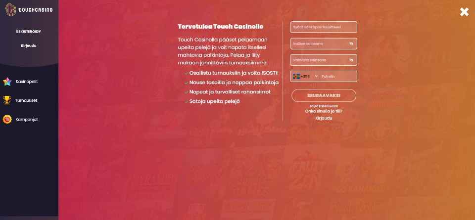 Kuvankaappaus Touch Casinolle rekisteröitymisestä, näkyvissä rekisteröitymislomake punaisella pohjalla