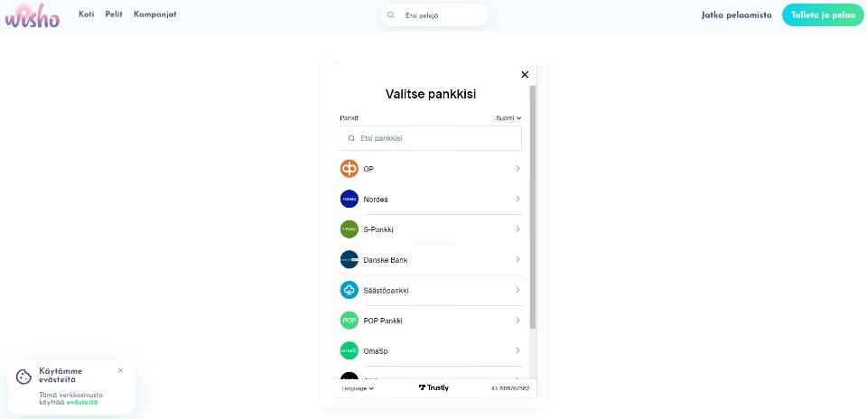Kuvankaappaus Wisho Casinon Pay N Play -talletusikkunasta, näkyvissä Trustlyn logo sekä pankin valitseminen ja 8 eri pankin logot