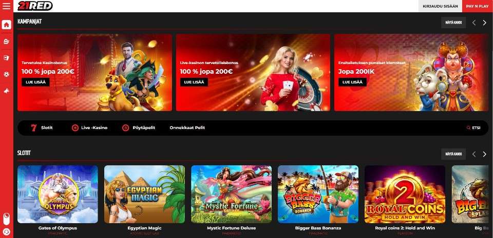 Kuvankaappaus 21Red Casinon etusivusta, näkyvissä valikot ja kolme kampanjaa sekä 5 peliautomaattia