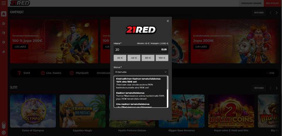 Kuvankaappaus 21Red Casinon PAy N Play -talletusikkunasta, näkyvissä 20 € talletus ja tervetuliaisbonusten vaihtoehdot