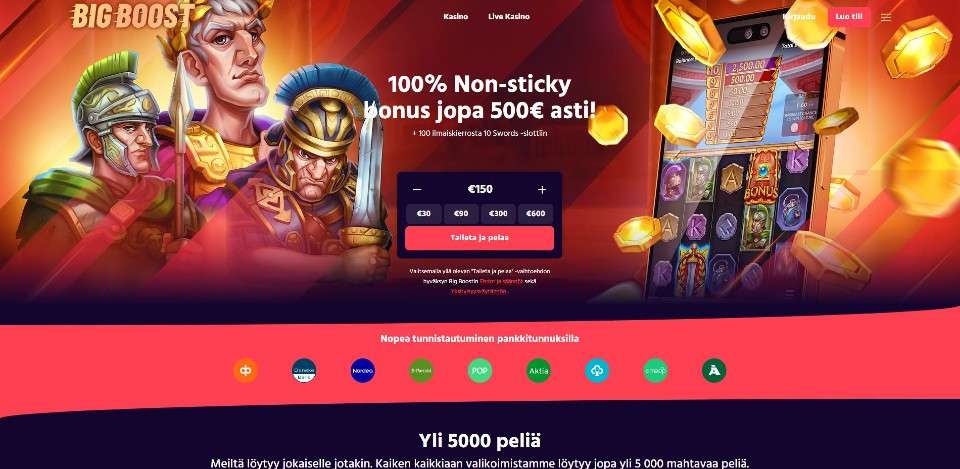 Kuvankaappaus Big Boost Casinon etusivusta, näkyvissä tervetuliaisbonus, peliautomaattien hahmoja, Pay N Play -talletus ja + pankin logot