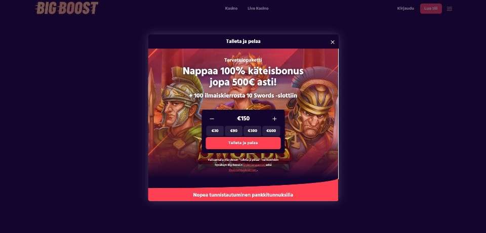Kuvankaappaus Big Boost Casinon Pay N Play -talletuksesta, näkyvissä tervetuliaisbonus ja 150 € talletus