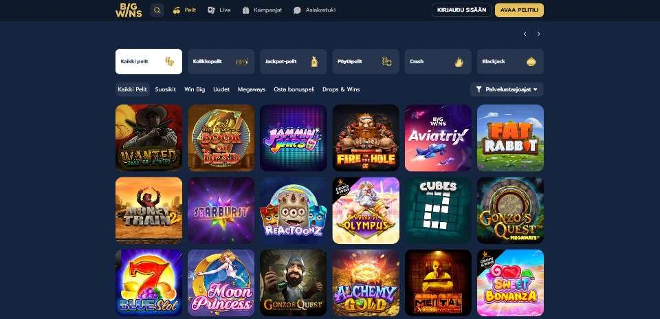 Kuvankaappaus Big Wins Casinon peliaulasta, näkyvissä pelivalikot ja 18 peliautomaatin kuvakkeet