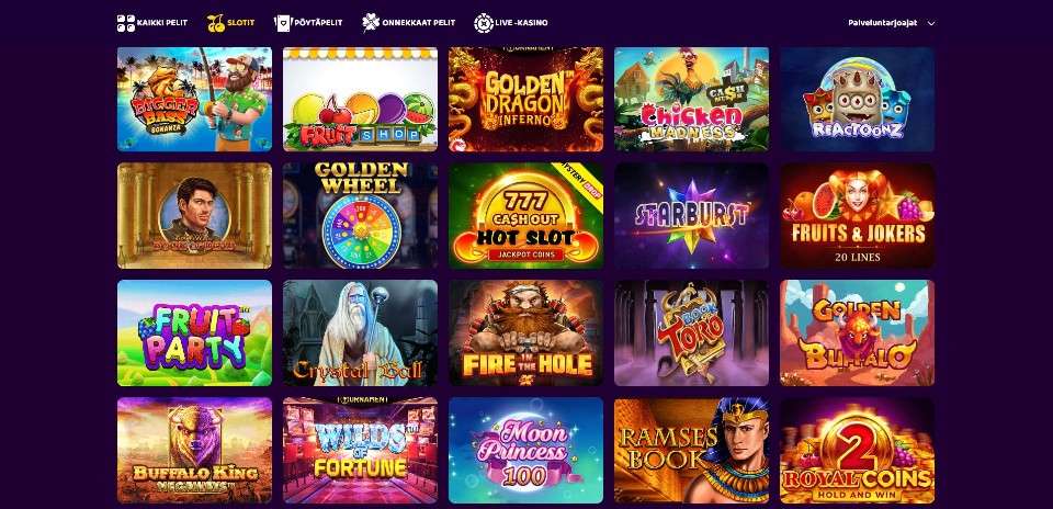 Kuvankaappaus BonusBet Casinon peliaulasta, näkyvissä valikot ja 20 pelin kuvakkeet
