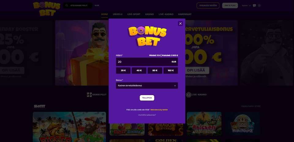 Kuvankaappaus BonusBet Casinon Pay N Play -talletuksesta, näkyvissä 20 € talletus