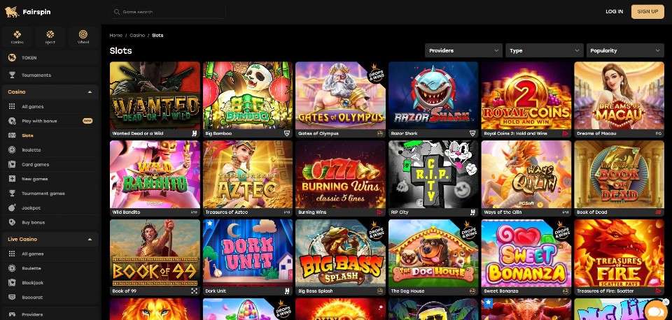 Kuvankaappaus FairSpin Casinon peliaulasta, näkyvissä valikot ja 18 peliautomaatin kuvakkeet