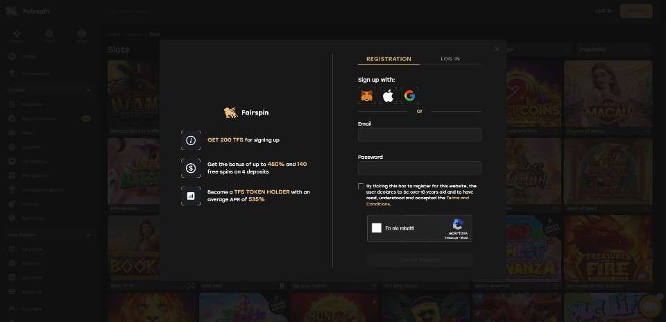 Kuvankaappaus FairSpin Casinolle rekisteröitymisestä, näkyvissä rekisteröitymislomake