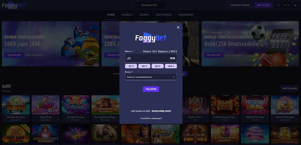Kuvankaappaus FoggyBet Casinon Pay N Play -talletuksesta, näkyvissä 20 € talletus