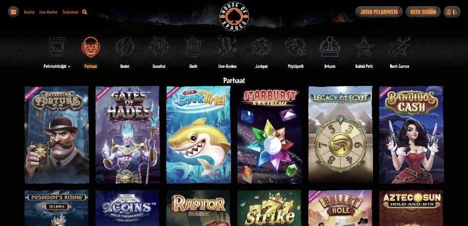 Kuvankaappaus House of Spades Casinon peliaulasta, näkyvissä pelivalikot ja 6 parhaan pelin kuvakkeet