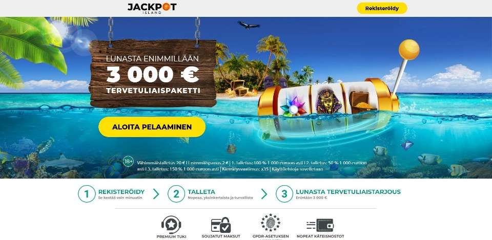 Kuvankaappaus Jackpot Island Casinon etusivusta, näkyvissä jackpot-saari palmuineen, tervetuliaispaketti ja turkoosi meri, jossa kelluu peliautomaatin kela