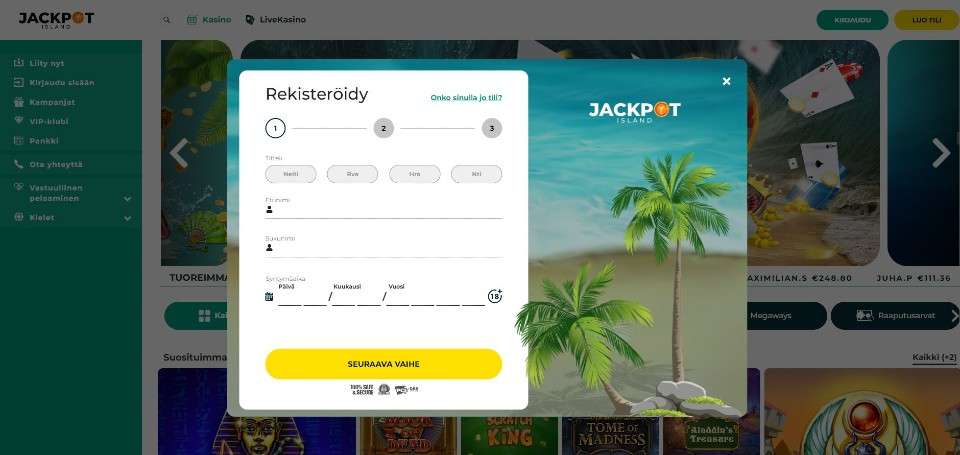 Kuvankaappaus Jackpot Island Casinolle rekisteröitymisestä, näkyvissä meri ja saari, jossa palmuja sekä rekisteröitymislomakkeen osa 1/3