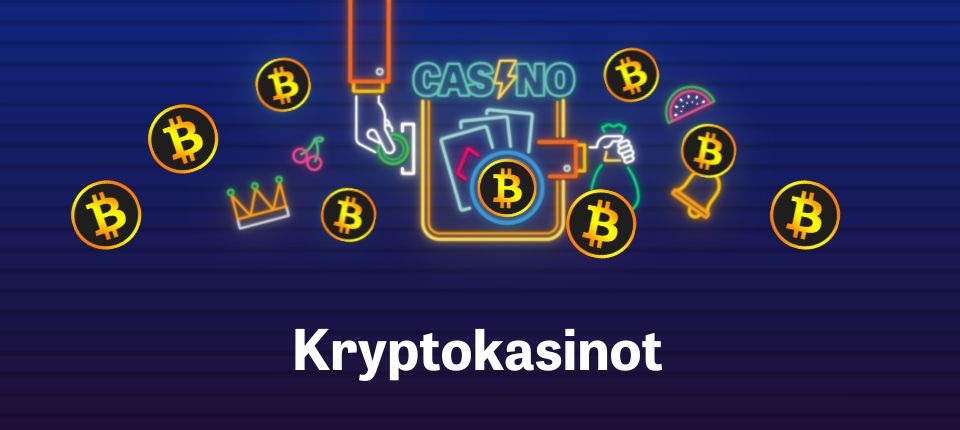 Lompakko, käsi, joka syöttää kolikon, bitcoineja ja teksti Kryptokasinot sinisellä taustalla