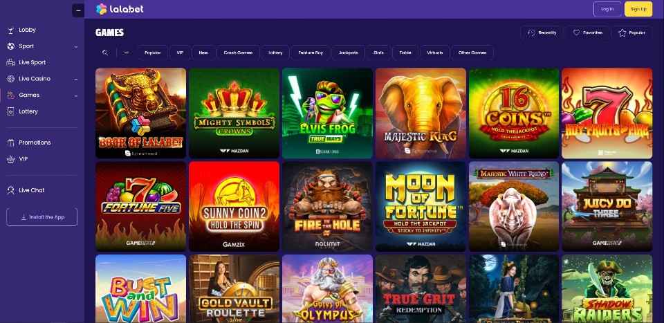 Kuvankaappaus LalaBet Casinon peliaulasta, näkyvissä valikot ja 18 peliautomaatin kuvakkeet