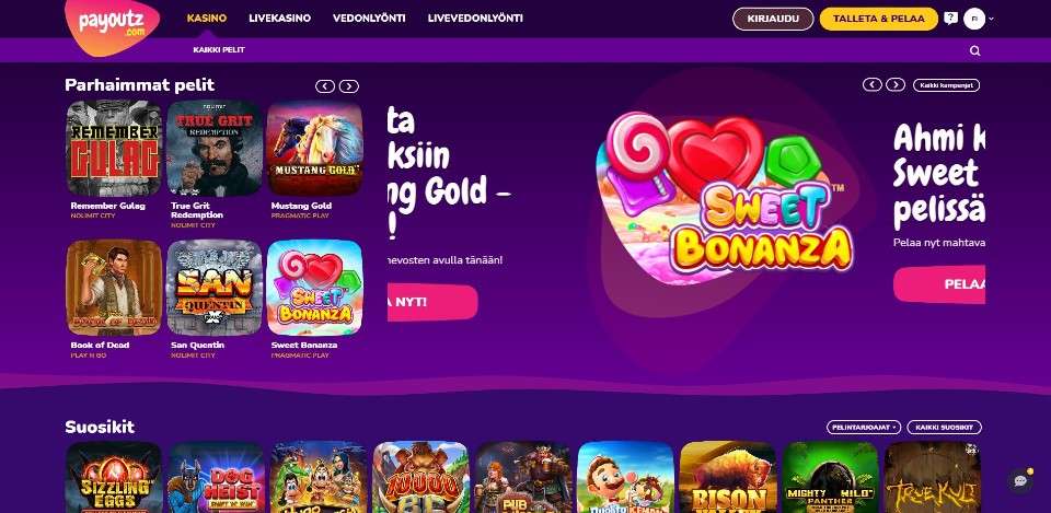 Kuvankaappaus PayOutz Casinon etusivusta, näkyvissä valikot, parhaimmat pelit, suosikkipelit ja Sweet Bonanza -pelin bannerikuva