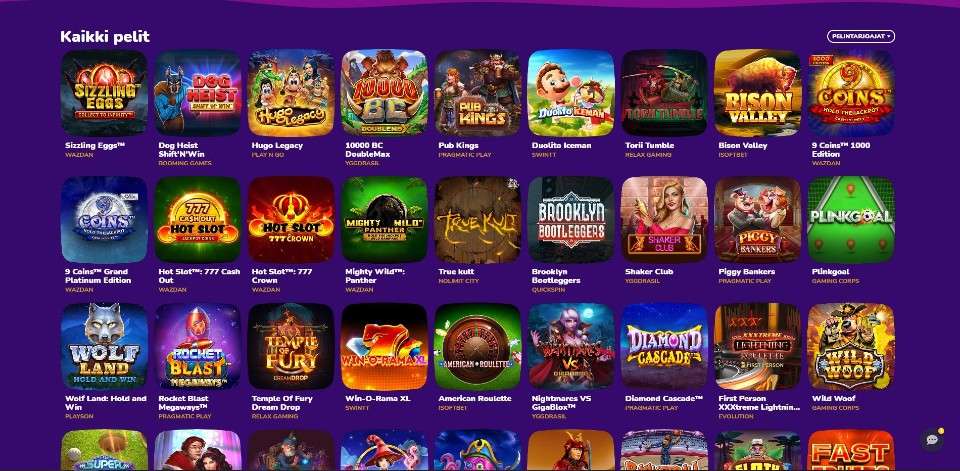 Kuvankaappaus PayOutz Casinon peliaulasta, näkyvissä 36 peliautomaatin kuvakkeet violetilla taustalla