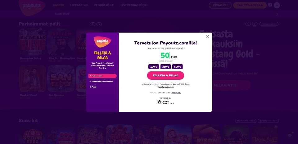 Kuvankaappaus PayOutz Casinon Pay N Play -talletusikkunasta, näkyvissä 50 € talletus