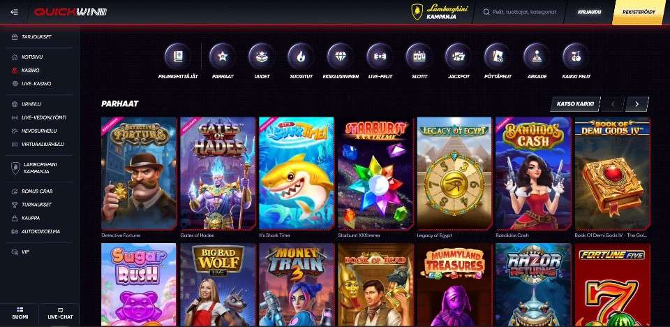 Kuvankaappaus Quickwin Casinon peliaulasta, näkyvissä pelivalikot, päävalikot ja 14 parhaan peliautomaatin kuvakkeet