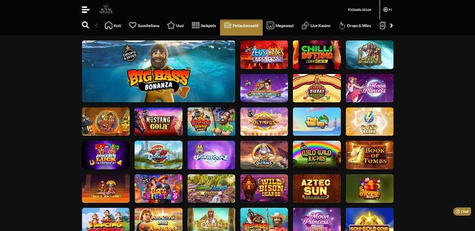 Kuvankaappaus Royal Winner Casinon peliaulasta, näkyvissä pelivalikot ja 31 peliautomaatin kuvakkeet