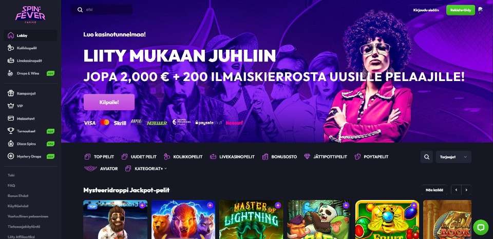 Kuvankaappaus Spin Fever Casinon etusivusta, näkyvissä disco-aiheinen bannerikuva tervetuliaisbonuksen kera, maksutapojen logoja, päävalikot, pelivalikot ja 6 peliautomaatin kuvaakkeet