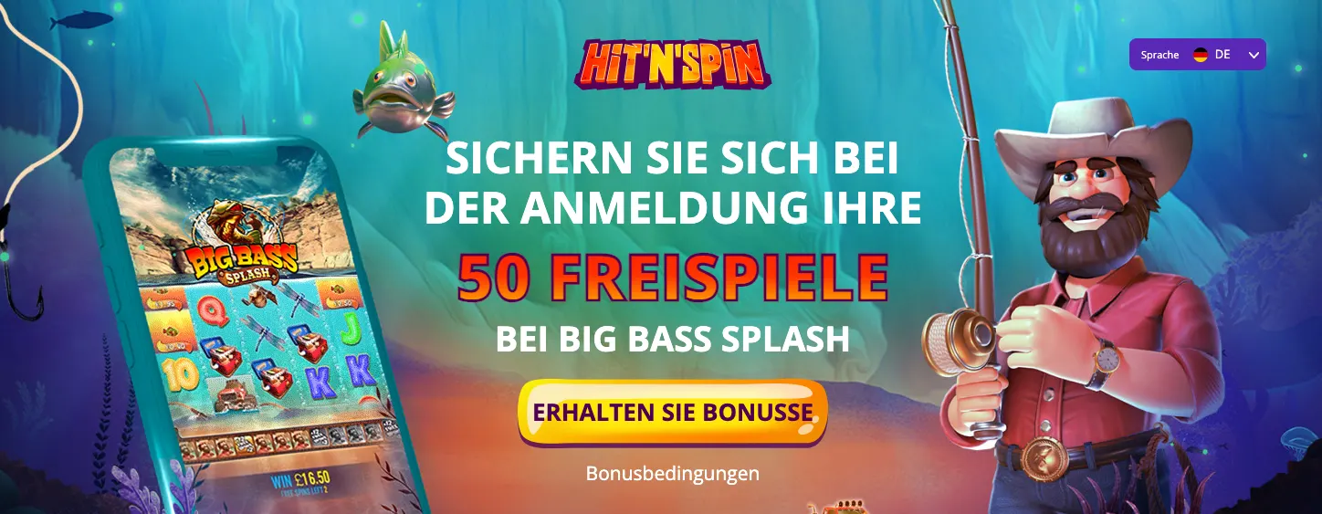 50 Freispiele ohne Einzahlung für Big Bass Splash bei Hit'n'Spin