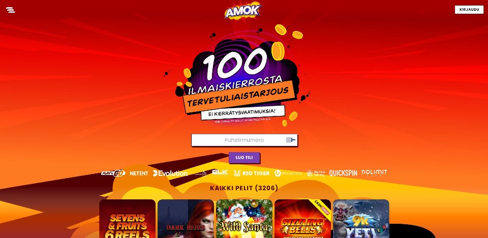 Kuvankaappaus Amok Casinon etusivusta, näkyvissä tervetuliaisbonus, suosittujen pelinkehittäjien logoja ja viiden peliautomaatin kuvakkeet