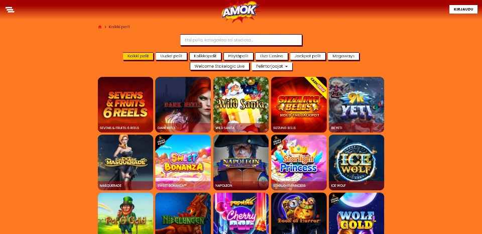 Kuvankaappaus Amok Casinon peliaulasta, näkyvissä pelivalikot ja 15 peliautomaatin kuvakkeet