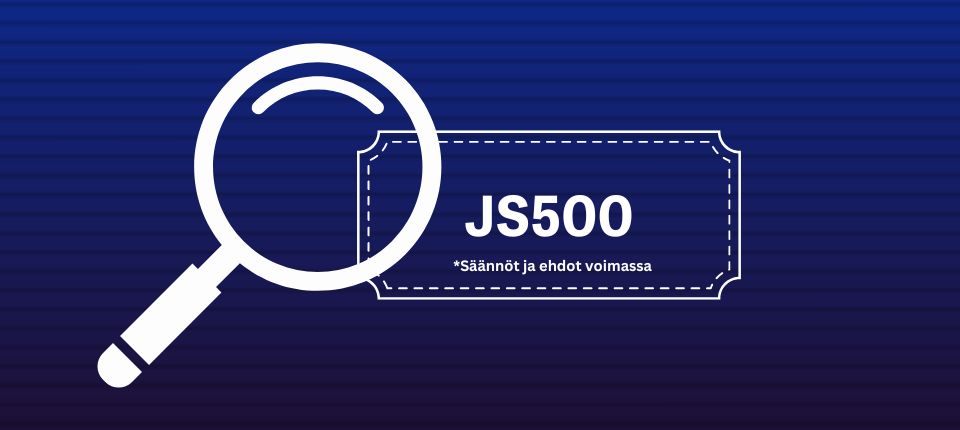 Kuponki, jossa koodi JS500, teksti Säännöt ja ehdot voimassa ja suurennuslasi sinisellä pohjalla