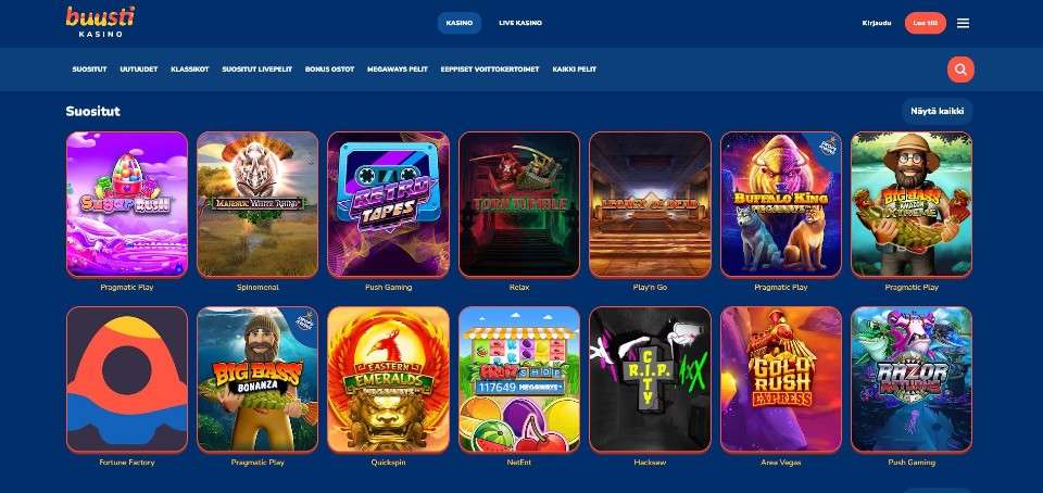 Kuvankaappaus Buusti kasinon peliaulasta, näkyvissä pelivalikot ja 14 suosittua peliautomaattia