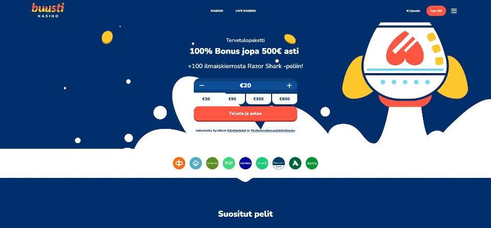 Kuvankaappaus Buusti kasinon Pay N Play -talletuksesta, näkyvissä valikko, tervetuliaisbonus, 20 € pikatalletus ja 9 pankin logot