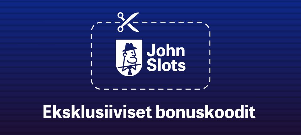 Talteen leikattava kuponki, jossa JohnSlots-logo ja teksti Eksklusiiviset bonuskoodit sinisellä taustalla