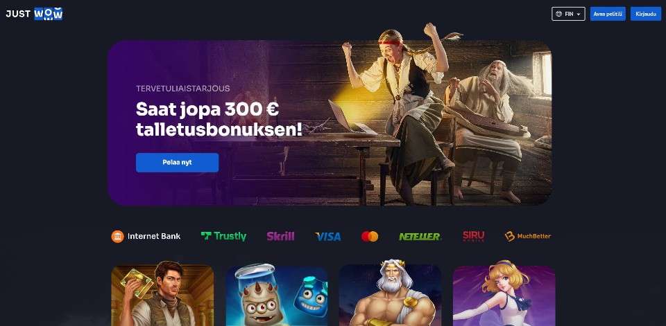 Kuvankaappaus Just Wow Casinon etusivusta, näkyvissä tervetuliaisbonus, bannerissa Suomineito ja Väinämöinen, 8 maksutavan logot ja neljäm peliautomaatin kuvakkeet