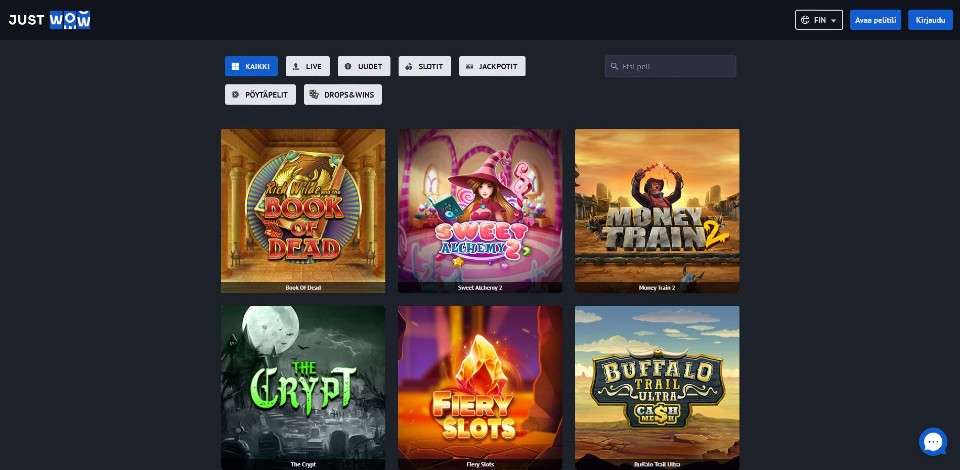 Kuvankaappaus Just Wow Casinon peliaulasta, näkyvissä pelivalikot ja kuuden peliautomaatin kuvakkeet