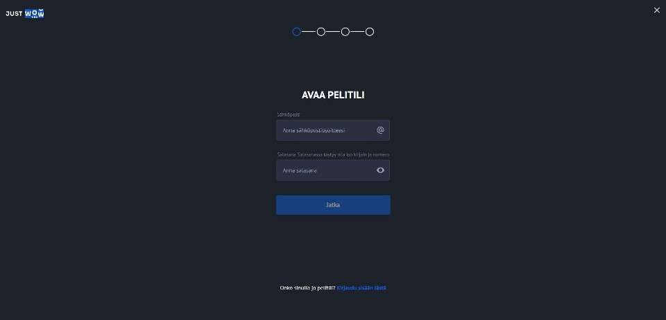 Kuvankaappaus Just Wow Casinolle rekisteröitymisestä, näkyvissä rekisteröitymislomake osa 1/4