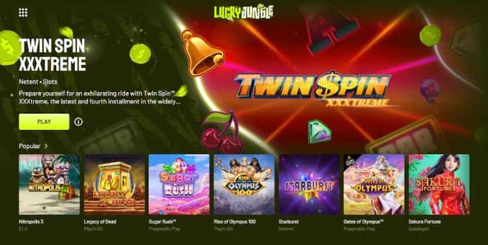 Kuvankaappaus Lucky Jungle casinon peliaulasta, näkyvissä Twin Spin Xxxtreme -pelin banneri ja 7 suosittua peliautomaattia