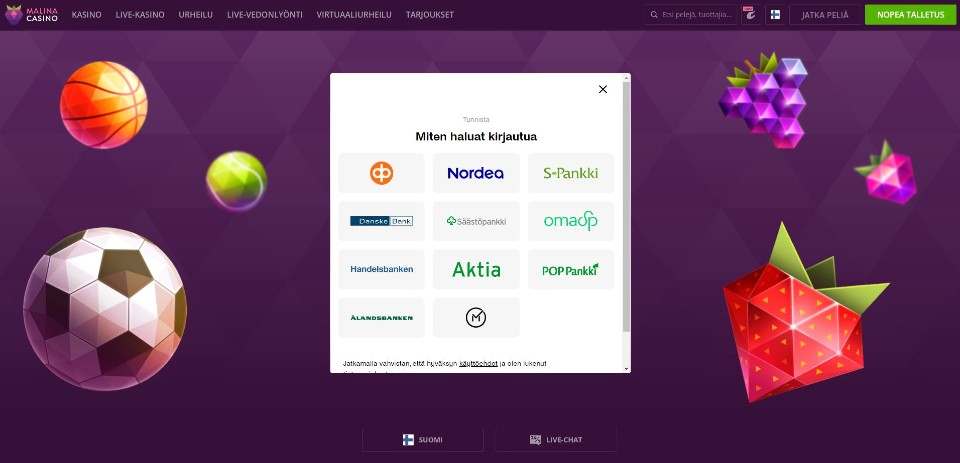 Kuvankaappaus Malina Casinon pikatalletuksesta, näkyvissä 11 pankin logot ja taustakuvassa palloja ja peliautomaattien hedelmäsymboleita violetilla taustalla
